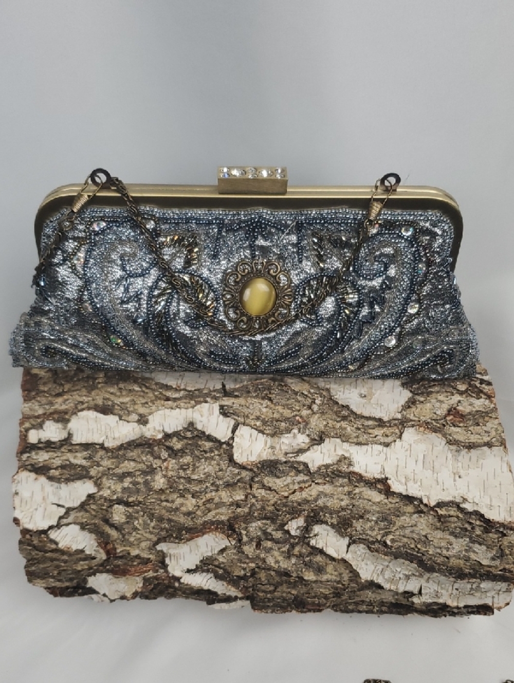 Ornate Silver Beaded Evening Clutch with Chain Strap